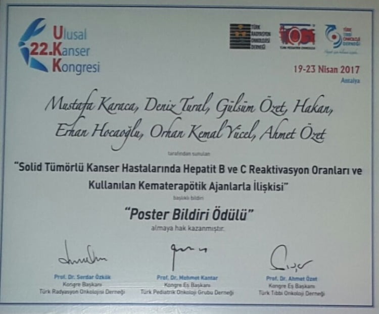 Prof. Dr. Deniz Tural — Poster Bildiri Ödülü, 22. Ulusal Kanser Kongresi (2017)